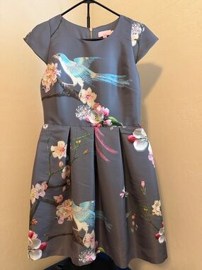 Ted Baker Gray Floral & Blue Bird Party Dress size 3